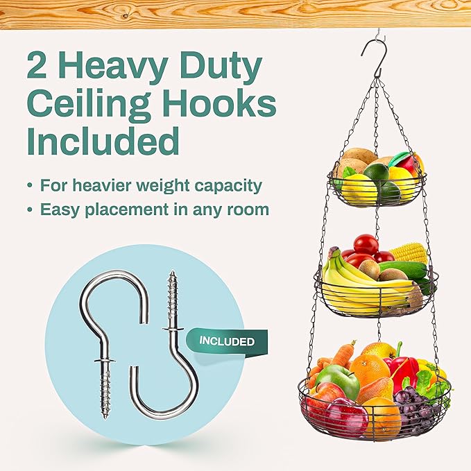 Home Intuition 3-Tier Hanging Fruit Produce Basket Heavy Duty Wire with 2 Metal Ceiling Hooks, Round, Bronze-Ruum Studio Home