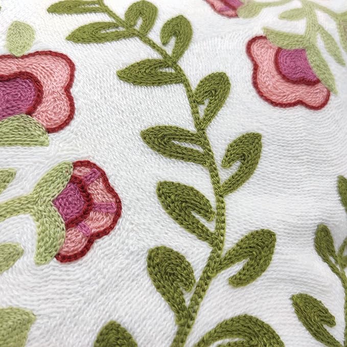 Alysheer Floral Embroidered Summer Decorative Throw Pillow Covers 18"x 18" Set of 2, Farmhouse Cottage Pink Flowers Green Leaves Knit Pattern Cotton Canvas Cushion Case for Sofa Couch Bed Living Room-Ruum Studio Home