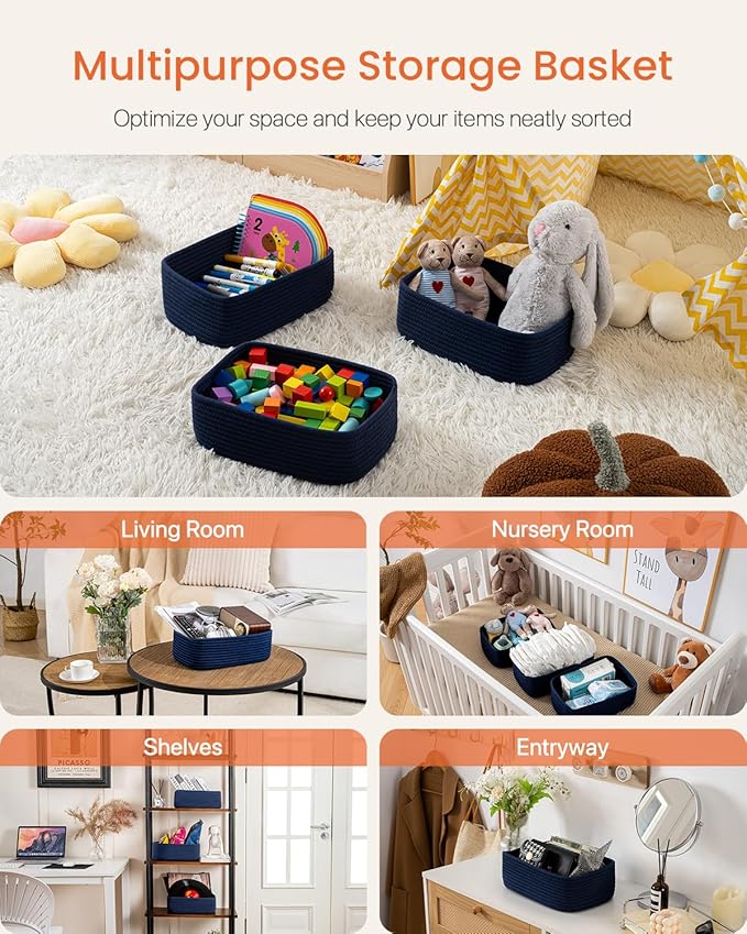 KALLAX Small Woven Basket, 12 x 8 x 4.5 Inches, Storage Basket for Organizing, Cute Small Rope Shelf Closet Cube Storage Bins Baskets for Shelves, Dog Toy Gift Baskets Empty, 3 Packs, Navy Blue-Ruum Studio Home