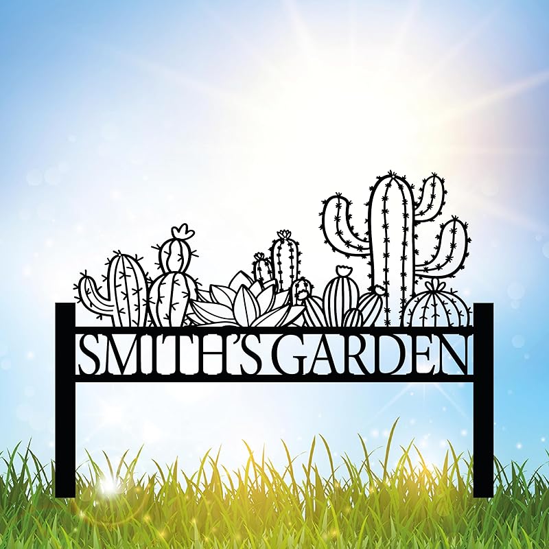 Personalized Cactus Metal Garden Sign, Large Garden Decoration Metal Sign with Stakes, Custom Gardener Family Name Sign, Cactus Decor for Outdoor, Patio Decorative, Yard Art, New Home Gift-Ruum Studio Home