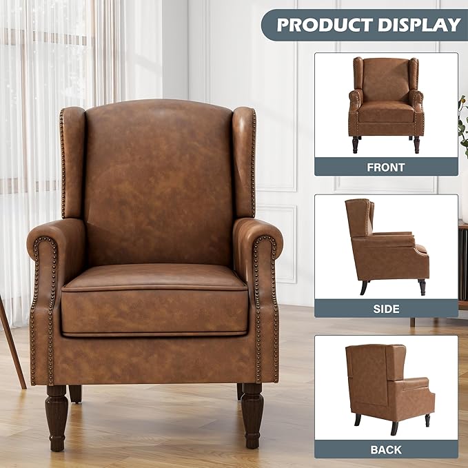 UIXE PU Leather High Back Accent Chair, Upholstered Armchair for Living Room, Retro Wingback Arm Chair Nailhead Trim Single Sofa Bedroom Reading Seat with Solid Wood Legs - Brown-Ruum Studio Home