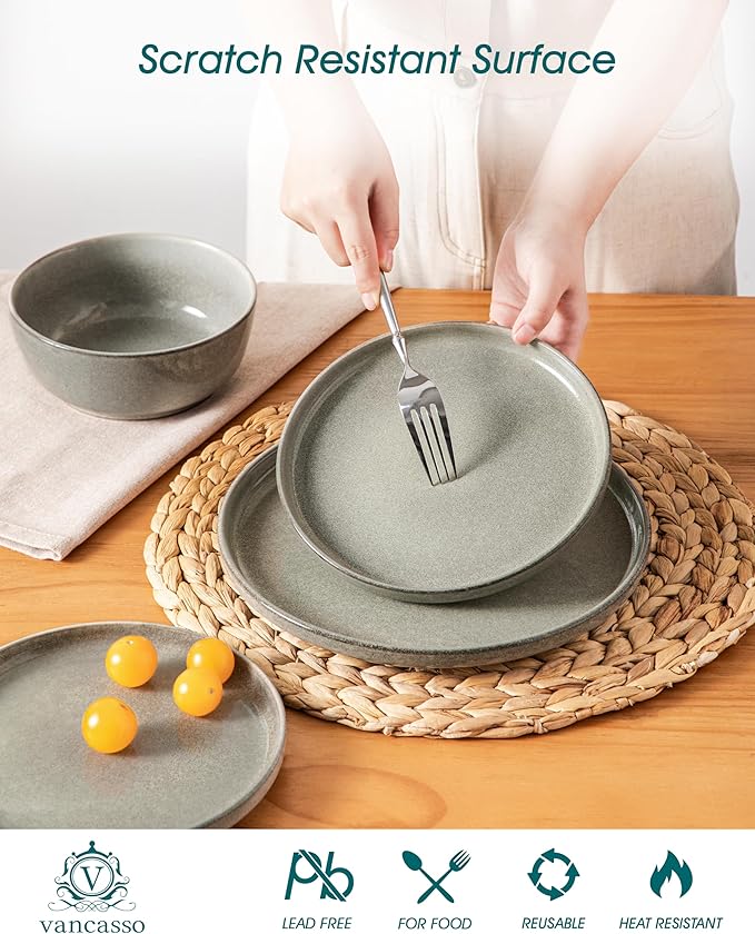 vancasso ANYA 24 Pieces Plates and Bowls Set, Stone Grey Dinnerware Sets, Reactive Glaze Dishes Set for 8, Ceramic Dishware Sets Kitchen Dinner Set, Microwave & Dishwasher Safe-Ruum Studio Home