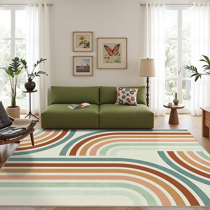 Indoor Outdoor Area Rug, Mid Century Modern Multicolored Outdoor Patio Rug,Washable Abstract Art Rainbow Rugs Non-Slip Carpet for Camping, Bedroom, Deck(8x10)-Ruum Studio Home