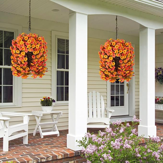 Artificial Fall Fake Hanging Flowers Plants Basket for Outdoor Autumn Decoration, Faux Silk Morning Glory Long Stems Vines Realistic UV Resistant for Outside Home Porch Garden (Fall Orange+Yellow)-Ruum Studio Home