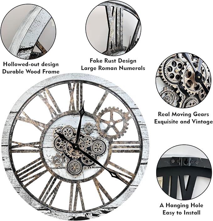 The B-Style Large Real Moving Gears Wall Clock 30 inch Rustic Retro Industrial Farmhouse Wood Clock Oversized Decorative Vintage Wall Clocks for Living Room (Silver Gray)-Ruum Studio Home