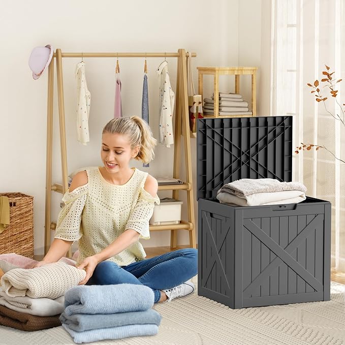32 Gallon Deck Box Large Outdoor Storage for Patio Furniture,Outdoor Cushions,Garden Tools and Pool Supplies,Waterproof,Resin,Lockable(Black)-Ruum Studio Home