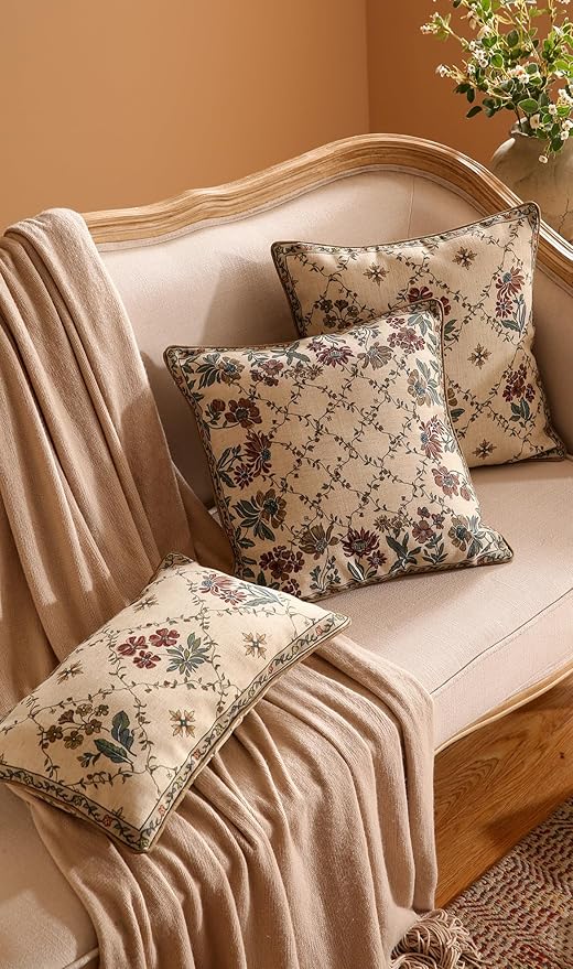 patdrea Designer Throw Pillow Covers Set of 4,Euro Vintage Light Brown Linen with Floral Collection Pattern Pillow Cover,Decorative Square Lumbar Round Pillowcases Cushion for Bed Living Room Car-Ruum Studio Home