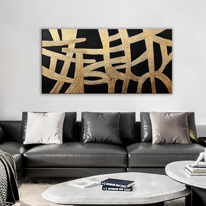 Abstract Wall Art Paintings Canvas Wall Art Decor Black And Gold Lines Artwork for Walls Texture Wall Decorations Modern Minimalist Wall Art Living Room Decor For Room Bedroom Office Wall Decor 24"X48"-Ruum Studio Home