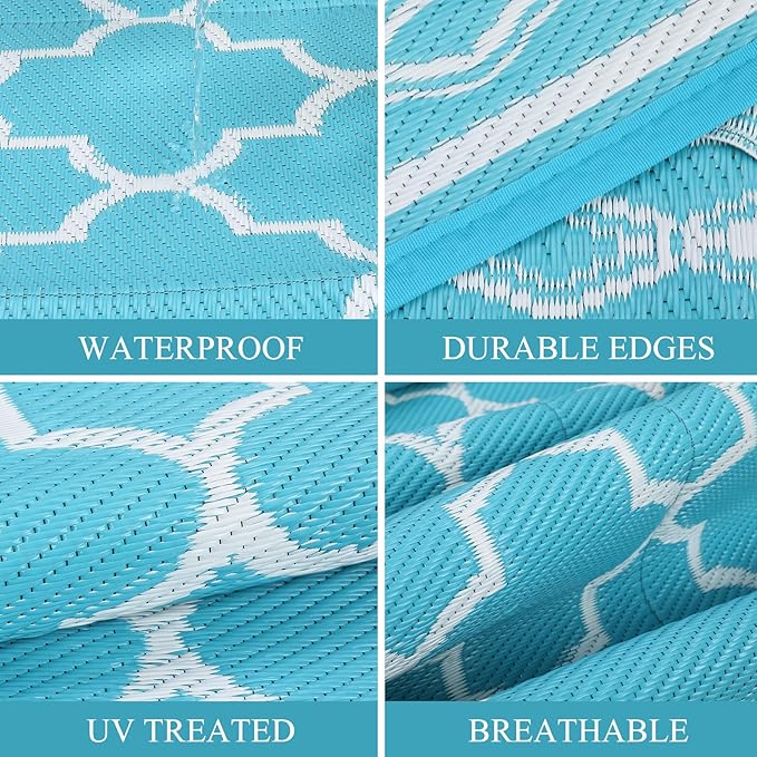 GAOMON Outdoor Rug for Patio 5'x8' Reversible Plastic Rugs Camping Mat for Outdoor, RV, Backyard, Deck, Balcony, Picnic, Beach, Teal/White(Geometric)-Ruum Studio Home