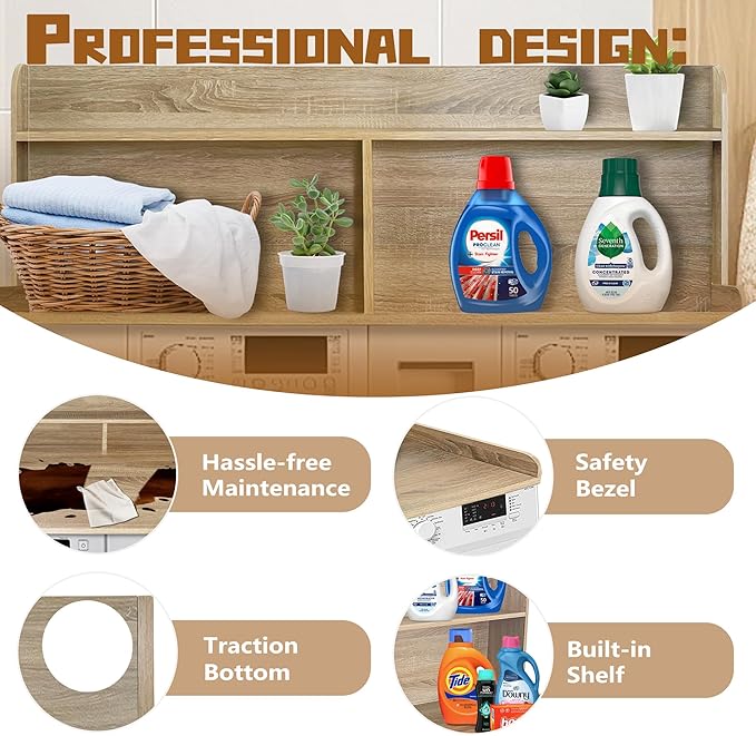 Royxen 2-Tier Washer Dryer Countertop,19.5"H Wood Washer and Dryer Topper with Shelf,Laundry Countertop Over Washer and Dryer, Universal Fit for Laundry Room Organization (White Oak, 54"W X 27.5"D)-Ruum Studio Home