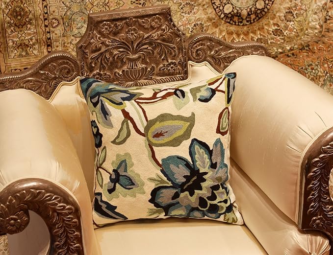 Modern Cream Decorative Floral Pillow Cover Needlepoint White Flower Hand Embroidered Pillowcase Flowery Outdoor Suzani Accent Cushion Boho Chair Modern Chair Pillowsham Wool Size 18x18-Ruum Studio Home