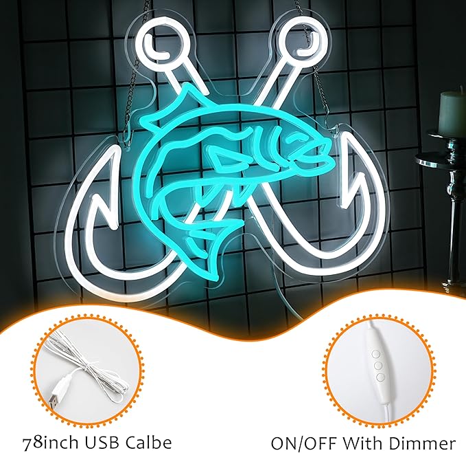 LISIGNVE Crossed Fish Hooks Neon Sign Fishing Led Neon Light for Wall Decor Fish On Light up Sign for Fishing Gear Store Yacht Gift for Father Boy(16.5 * 12.6 In)-Ruum Studio Home