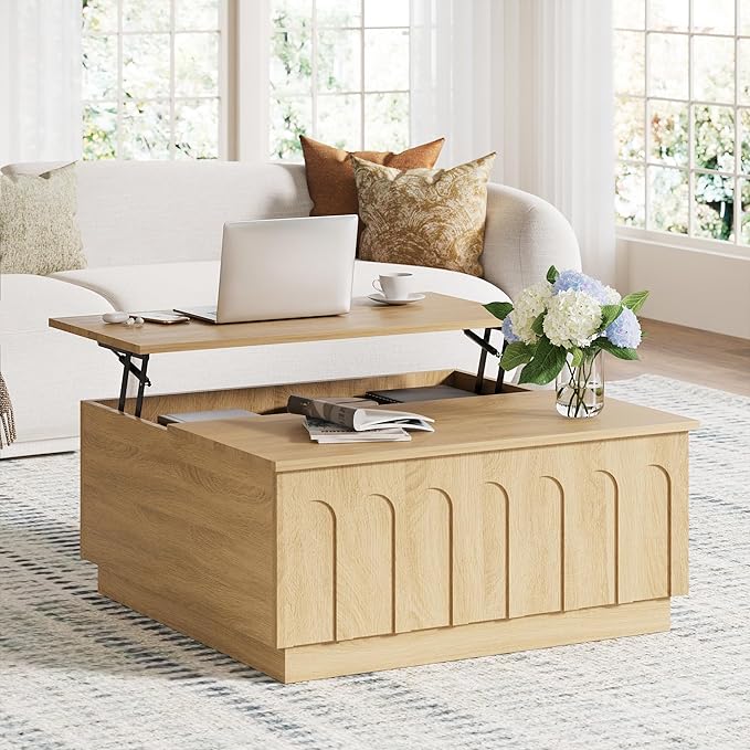 Lift Top Coffee Table with Storage, Modern Coffee Table with Arched Design, 31.5" Square Tea Table with Wood Grain, Boho Multifunctional Center Table for Living Room, Office, Oak-Ruum Studio Home
