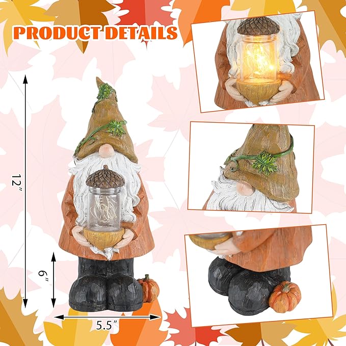 Topadorn Fall Garden Gnome Statue Light, Autumn Harvest Gnome Figurine with Pine Cone on Hand for Fall Harvest Party Thanks, Autumn Thanksgving Gifts for Famliy-Ruum Studio Home