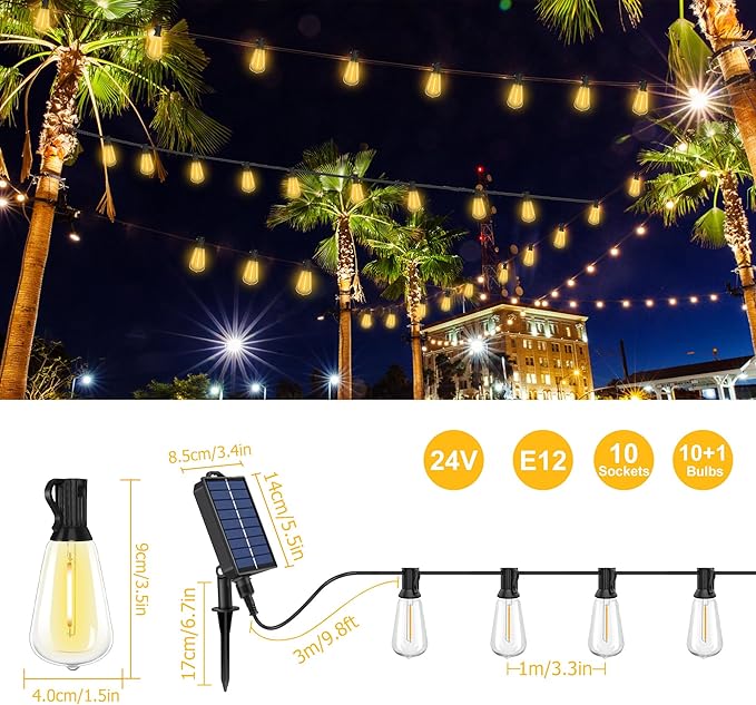 Solar Powered Warm White LED Outdoor String Light with Remote Control, Shatterproof Light Bulbs for Backyard Garden Patio Pergola Gazebo Bistro Bedroom Christmas Wedding Party (10+1 Bulbs)-Ruum Studio Home