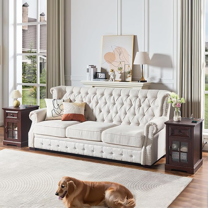 Farmhouse XXL End Table with Charging Station, Side Table with USB Ports and Outlets, Nightstand with Drawer and Glass Door Storage, Cherry Bedside Tables for Living Room, Bedroom, Office-Ruum Studio Home