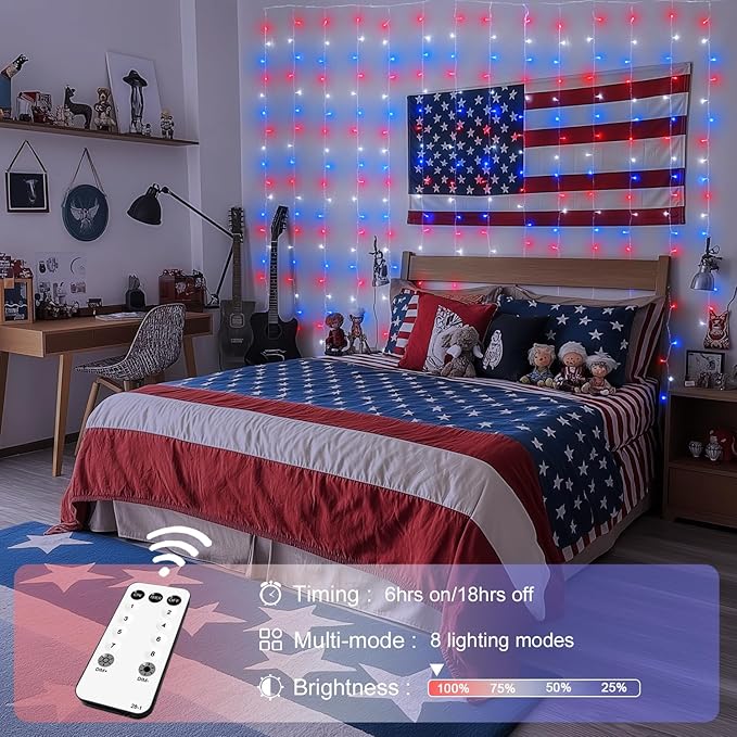 JMEXSUSS 300LED Red White and Blue Lights with Remote, 4th of July Lights Plug in, Patriots Curtain Hanging String Lights for Bedroom Wall Window Backdrop Indoor Outdoor 4th of July Decor, 9.8x9.8ft-Ruum Studio Home