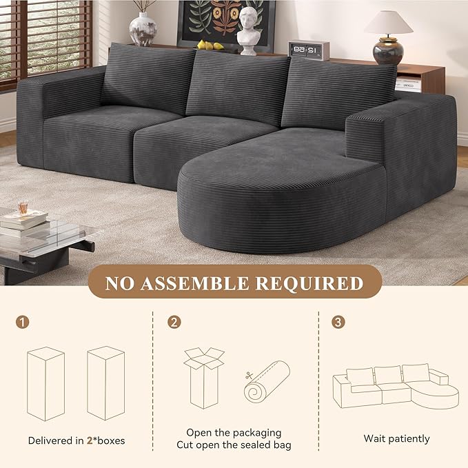 Modular Sectional Sofa with L-Shape Chaise,Cloud Sectional Modern Sleeper Couch with Deep Seat,Sponge Compression Sofas No Assembly Required(Dark Gray-Corduroy Fabric) 1PCS-Ruum Studio Home
