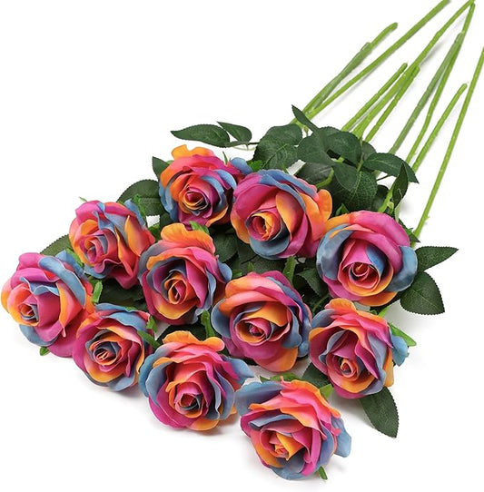Rainbow Fake Roses Artificial Flowers - 10 Pcs Fake Artificial Roses Silk Flowers with Stems for Home Wedding Hotel Office Centerpiece Decor（Rainbow）-Ruum Studio Home