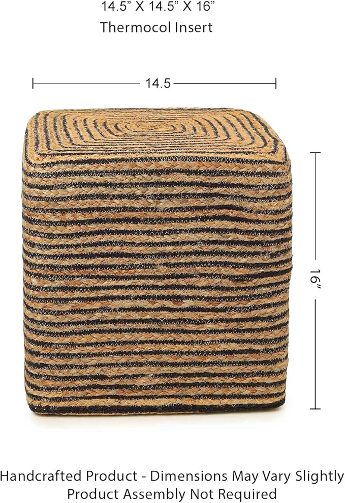 REDEARTH · Cube Pouf Foot Stool Ottoman - Jute Braided Pouffe Poof Accent Sitting Footrest for The Living Room, Bedroom, Nursery, Patio, Lounge 50% Jute 50% Cotton (14.5”x14.5”x16”; Natural Black)-Ruum Studio Home
