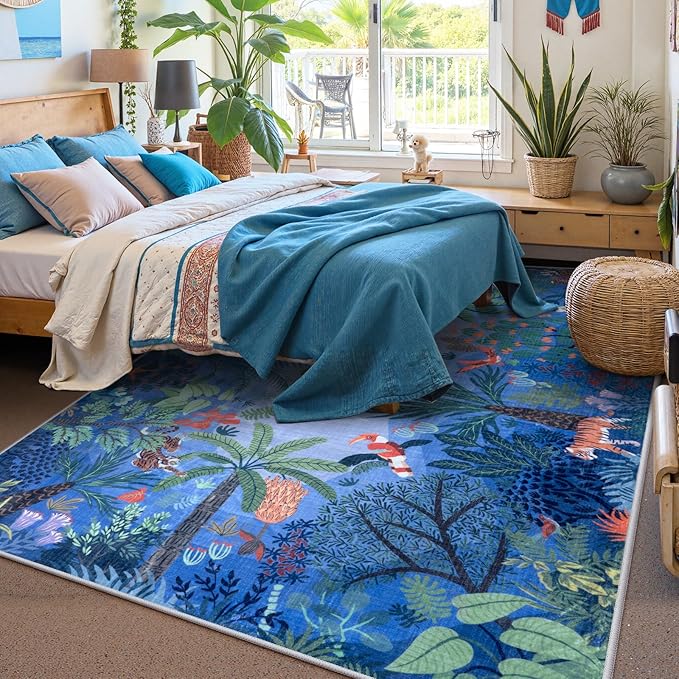 LIVEBOX Jungle Animal Print Dining Room Rugs for Under Table, Soft Modern Rug for Living Room, Washable Kids Rugs for Boy Bedroom, Non-Skid Blue Kids Carpet Playmat Rug for Play-Ruum Studio Home