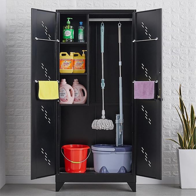 75" Metal Storage Cabinet, Tool Cabinets with Hooks, Garage Storage Cabinet with Lock, Heavy-Duty Tool Cabinet for Utility Room, Gym, Basement, Broom Closet Cabinet, Black-Ruum Studio Home