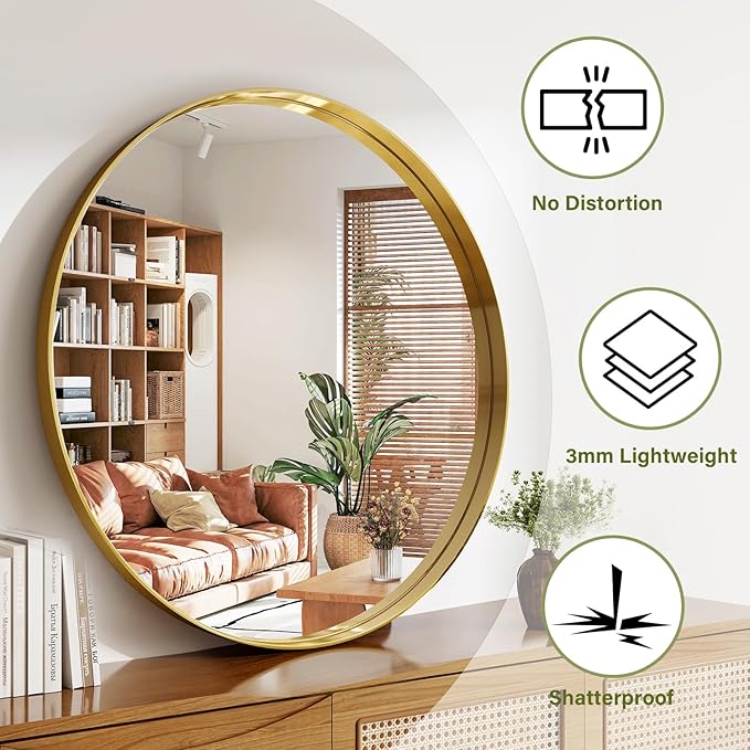 48 Inch Round Bathroom Mirror - Wall Mounted Circle Mirror with Metal Frame, Modern Mirror Suitable for Bathroom, Vanity, Entryway, Living Room, Wall Decor,Gold-Ruum Studio Home