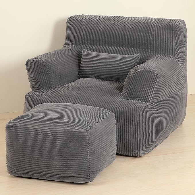 Comfy Gaint Bean Bag Chair with Ottoman, Huge Bean Bag Armchair for Adults and Teens, Dark Grey-Ruum Studio Home