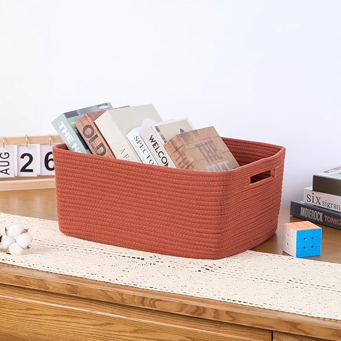 Large Storage Baskets for Organizing, Closet Shelf Baskets for Clothes Blanket Towels, Baby Nursery, Toy Bins Box, Woven Rope Baskets, 17 x 13 x 7.5”, 4 Packs Oxide Red-Ruum Studio Home