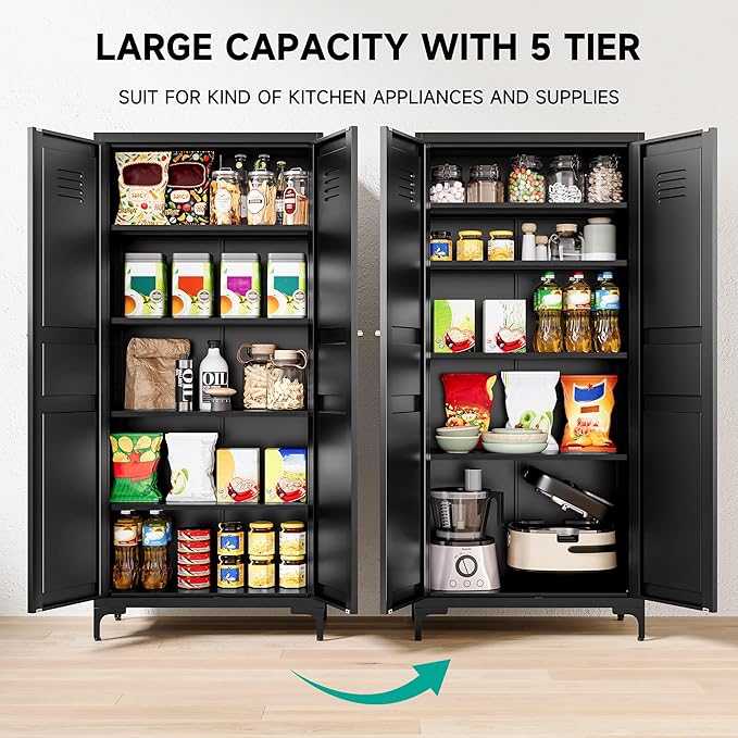 Metal Storage Cabinet with Doors and Shelves,Black Storage Cabinet with Leg,Metal Pantry Cabinets,Ventilated Pantry Closet,Tall Large Cupboard for Home,Kitchen,Dining/Living/Laundry Room-Ruum Studio Home