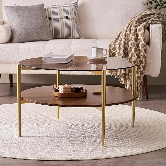Round Coffee Table, Mid-Century Modern Design, D30 x H17, for Living Room, 2-Tier Structure, Amber Glass Top and Walnut MDF Shelf, Sleek Conical Metal Legs with Gold Finish-Ruum Studio Home