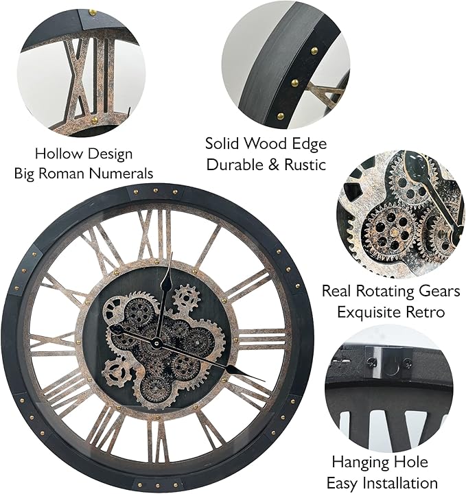 DORBOKER 24" Large Wall Clock with Moving Gears,Oversize Vintage Industrial Rustic Farmhouse Clocks for Living Room Decor Office Home,Solid Wood HD Tempered Glass Cover,Vintage Black-Ruum Studio Home