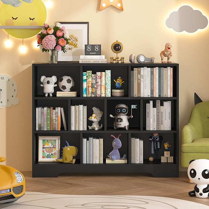 Book Shelf Set of 2, 10 Cubes Storage Organizer, 3-Tier Open Bookshelf Wooden Bookcase, Freestanding Black Bookshelf Cube Shelf for Bedroom, Living Room, Home Office-Ruum Studio Home