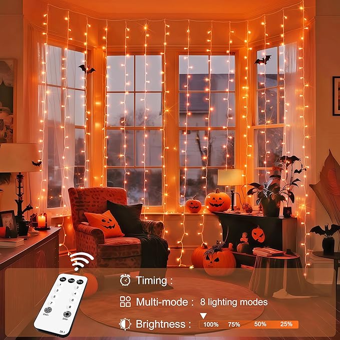 JMEXSUSS 300LED Orange Halloween Lights with Remote, 9.8x9.8ft Halloween Curtain Light, 8 Modes Orange Hanging String Lights Plug in for Fall Bedroom Thanksgiving Window Party Indoor Outdoor Decor-Ruum Studio Home
