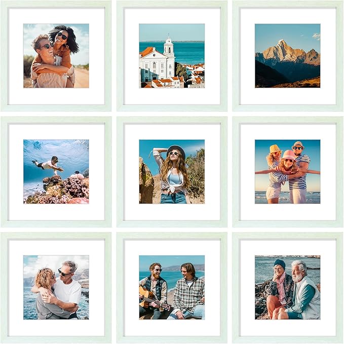 Vittanly 12x12 Picture Frames Set of 9, Shatter Resistant Plexiglass, Display 8x8 Pictures with Mat or 12x12 without Mat, Photo Frames for Wall Mount, Engineered Wood, Vintage Green-Ruum Studio Home