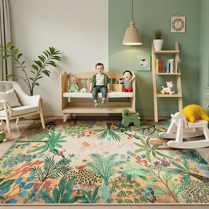 LIVEBOX Washable Jungle Animal Print 6 x 9 Area Rug for Dining Room, Non-Skid Yellow Kids Carpet Playmat Rug for Play Room, Soft Nursery Rugs for Girl Dorm, Kids Rugs for Bedroom Boys-Ruum Studio Home