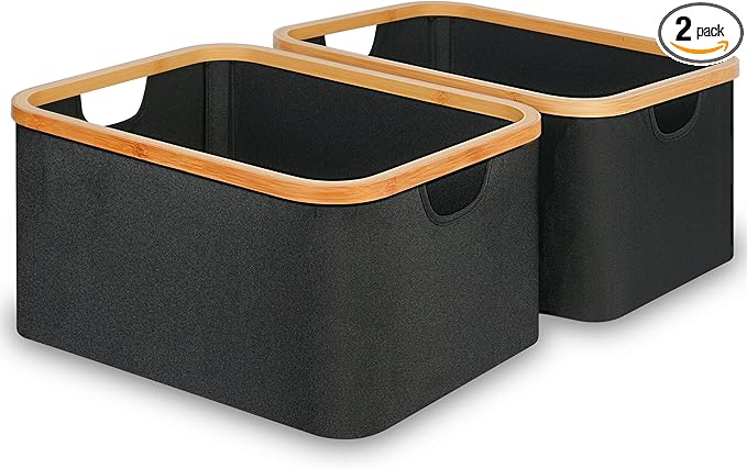 efluky Storage Baskets for Organizing, Fabric Storage Bins with Bamboo Handles, Collapsible Storage Baskets for Shelves and Closet (Black, 16.2'' x 13'' x 9.1'')-Ruum Studio Home