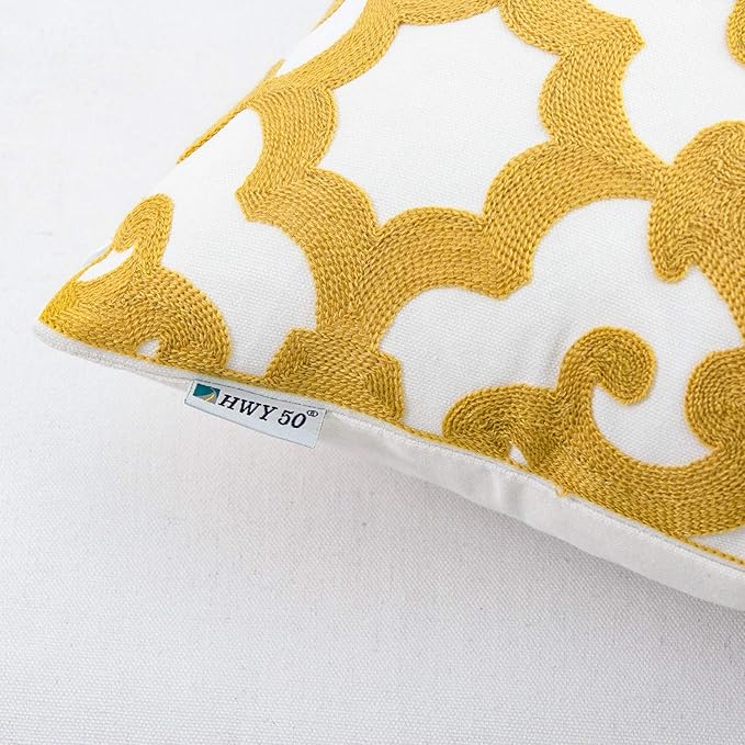 HWY 50 Mustard Yellow Decorative Throw Pillow Covers 18x18 Inch (1 Piece), Embroidered Cotton Farmhouse Cushion Cover Pillow Case for Sofa Couch Living Room Bed, Geometric-Ruum Studio Home