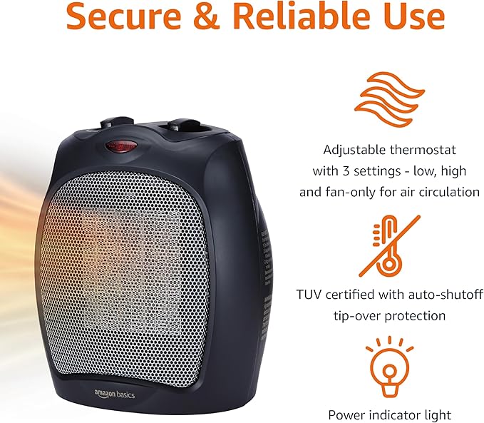 Amazon Basics Ceramic Space Heater, Portable Indoor Heating Solution, With Overheat and Tip-Over Protection, Thermostat, Non-Oscillating, 1500W, 7.52"D x 6.34"W x 9.45"H, Black-Ruum Studio Home