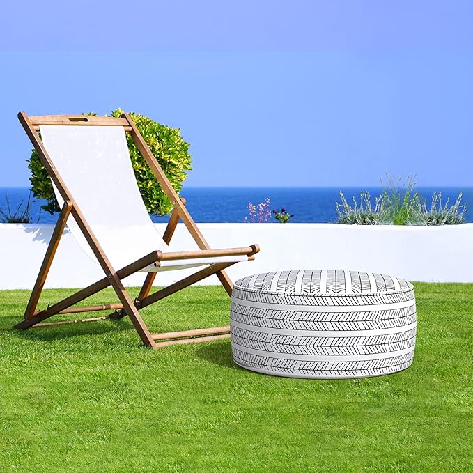 LVTXIII Outdoor/Indoor Inflatable Ottoman, Patio Footrest Stool, Portable Round Ottoman for Patio Garden, Camping or Home, Herringbone Black White-Ruum Studio Home