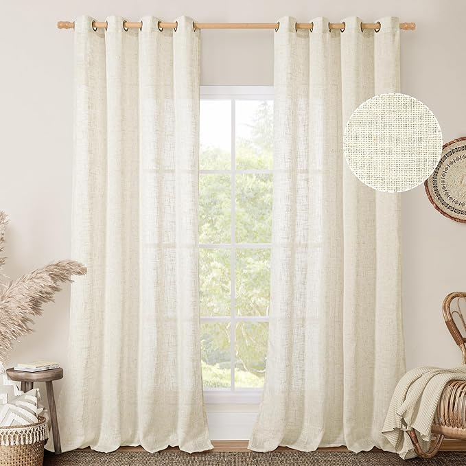 LAMIT Cream Linen Curtains 90 Inch Long 2 Panels Set for Bedroom Living Room, Soft Thick Bronze Grommet Window Drapes Semi Sheer Light Filtering Panels Farmhouse, 52 x 90 Inch, Cream Ivory-Ruum Studio Home