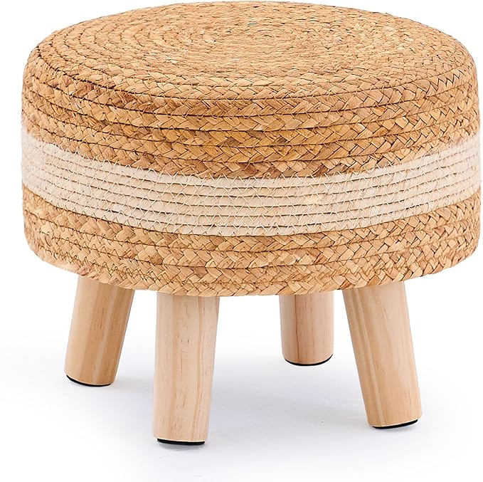 Handwoven Round Ottoman, Natural Water Hyacinth Outdoor Patio Pouf Seagrass Low Stool with Wood Legs, Soft Padded Footrest for Living Room Bedroom Garden, White-Ruum Studio Home