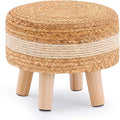 Handwoven Round Ottoman, Natural Water Hyacinth Outdoor Patio Pouf Seagrass Low Stool with Wood Legs, Soft Padded Footrest for Living Room Bedroom Garden, White-Ruum Studio Home