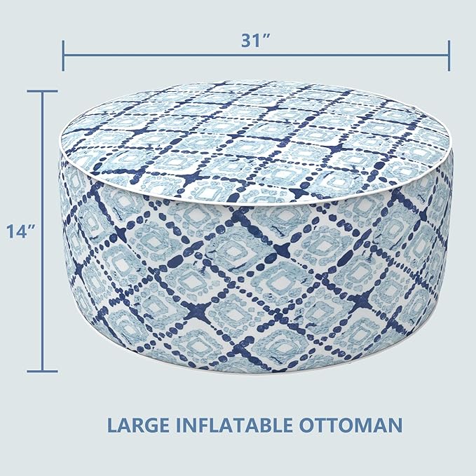 LVTXIII Outdoor Inflatable Ottoman, Fade-Resistant Round Footrest Stool D31”x H14”, Portable Patio Pouf for Garden Camping or Home Use, Boho Geometry Blue-Ruum Studio Home