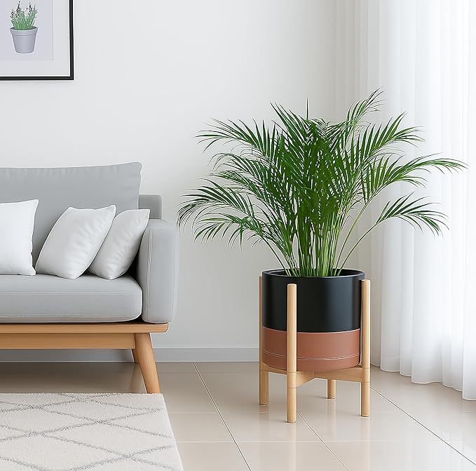 D'vine Dev Ceramic Planter with Natural Stand - 12 Inch Modern Round Flower Pot with Wood Planter Holder, Black/Speckled Tan, 55-B-J-7-Ruum Studio Home