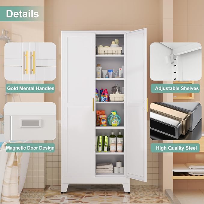 Metal Pantry Cabinet with 2 Doors and 5 Adjustable Shelves, 75" Kitchen Storage cabinets with Gold Handles, Versatile Storage for Laundry Room, Living Room, Bathroom, Dinning Room, Utility Room-White-Ruum Studio Home