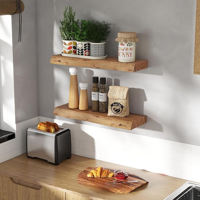 24" Floating Shelves, Live Edge Solid Elm Wood Floating Shelf, Wall Mounted Display Shelves with Heavy-Duty Bracket for Books, Rustic Wooden Shelf for Kitchen, Bathroom, Natural Color, Set of 2-Ruum Studio Home