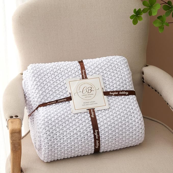 Chunky Cable Knit Throw Blanket Lightweight White 100% Organic Cotton Blanket for Sofa Couch Bed Baby Nursery, Rustic Shabby Chic Modern Farmhouse, Pure White 51” x 63” Give Laundering Bag-Ruum Studio Home