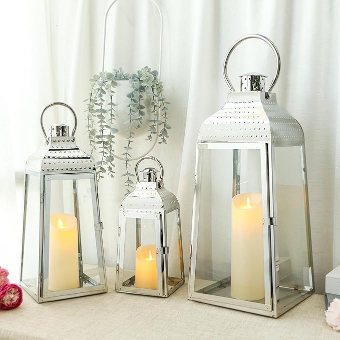 TRIROCKS Set of 3 Stainless Steel Candle Lanterns 20.5''&16''&12''H Decorative Candle Holders with Tempered Glass for Indoor Outdoor Porch Parities and Wedding(Silver)-Ruum Studio Home