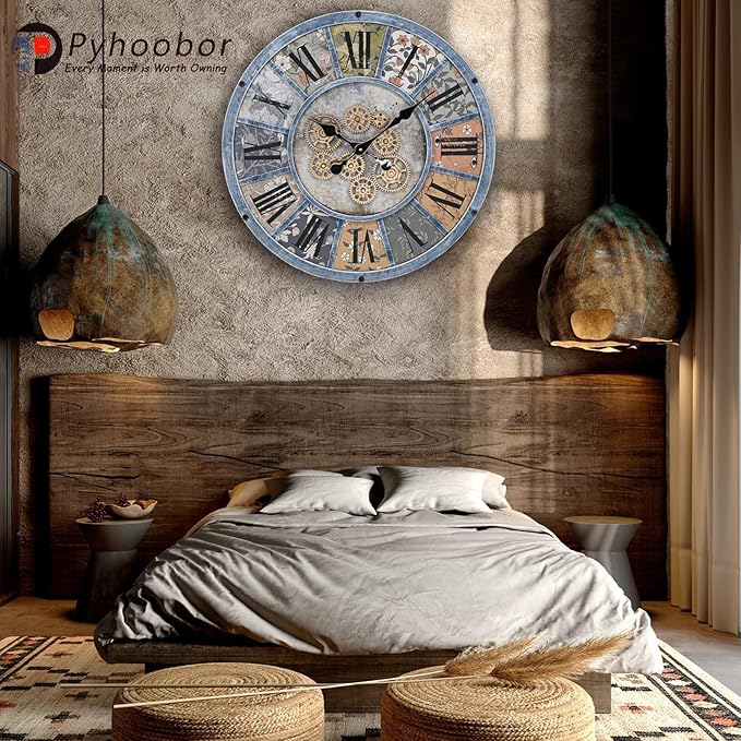 Unique Moving Gear Large Round Wall Clock 21inch-Battery Powered. Retro Industrial Steampunk Country Farmhouse Decor for Living Room Kitchen Bars cafes Offices(Blue/metal/21)-Ruum Studio Home